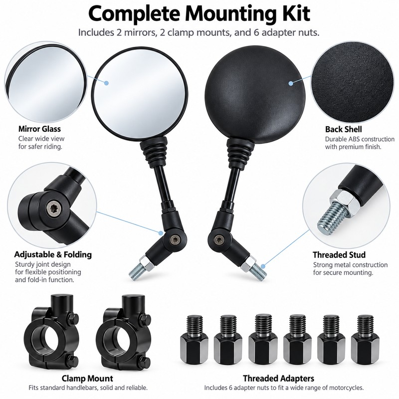 Folding Motorcycle Rearview Mirrors for Bikes & Scooters – Adjustable