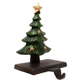 3-D Christmas Tree Stocking Holder Cast Iron Hooks for Christmas Socks Hand Painted Green & Gold Easily Rest on a Mantel, Fireplace, or Book Shelf Heavy Duty & Durable Holiday Season Decor