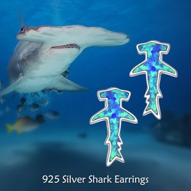 Hammerhead Shark Stud Earrings for Women S925 Sterling Silver Blue Opal Sea Animal Jewelry Summer Gift