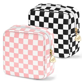Desing Wish Women's Make Up Bag Small, Pink and Black Checkerboard Pattern - Pack of 2