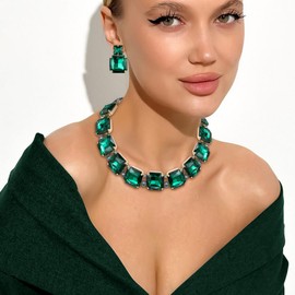 EVER FAITH Jewellery Set Statement Square Crystal Sparkling Rhinestone Necklace Earrings Set for Women Party Prom, Crystal