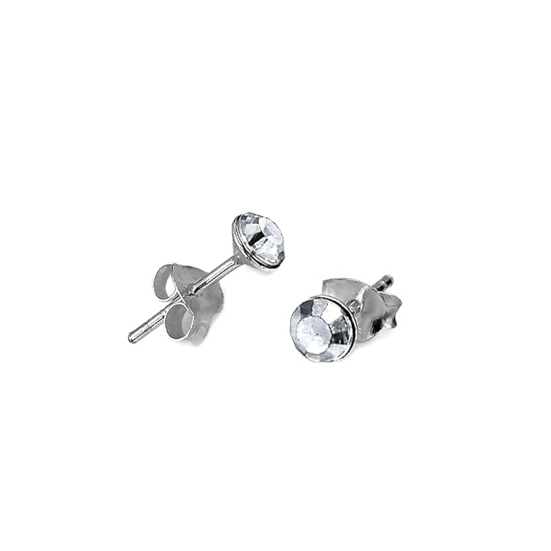 Round Crystal Stud Earrings - 925 Sterling Silver (Clear Austrian