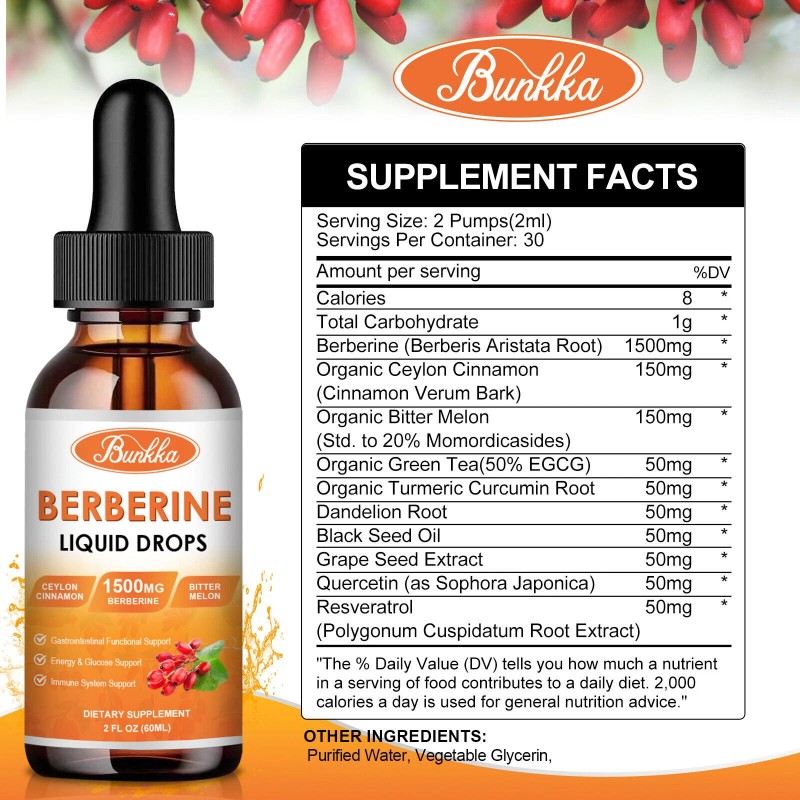 1500mg Berberine Liquid Drops Organic Ceylon Cinnamon Bitter Melon 2FL