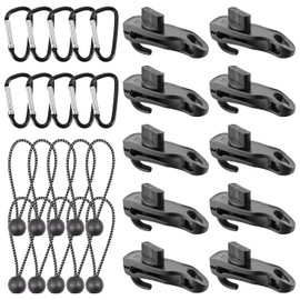 Tarpaulin Clips Set, 10 Pieces Black Tarpaulin Tensioner Clips with Hooks, with 10 Pieces Elastic Straps with Ball and 10 Pieces Carabiner, Tarpaulin Attachment Clips for Tent, Awnings, Covers