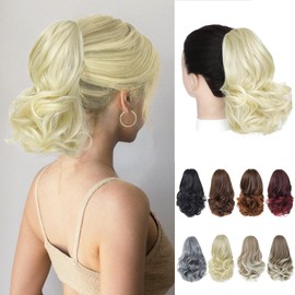 Angzon Ponytail Extension 8 Inch Claw Clip in Ponytail Short Curly Ponytail Extension for Women Messy Bun Fluffy Wavy Curly Synthetic Versatile Light Blonde Hairpieces