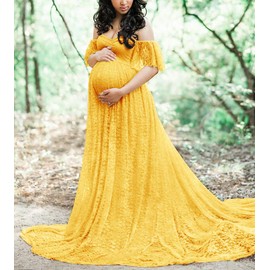 Maternity Photography Props Floral Lace Dress Fancy Pregnancy Gown for Baby Shower Photo Shoot (M, Mustard)