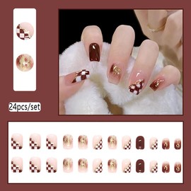 Clataly 24 Pieces Christmas Tree Love Short Nails False Pearl Flowers Dog Rabbit Acrylic False Nails Print on Nails for Women Girls (F)
