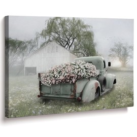 Fine Art Canvas Farmhouse Sage Green Truck with Blush Petunias Canvas Wall Decor by Artist Lori Deiter for Living Room, Bedroom, Bathroom Barn Pictures Wall Art 43 in x 32 in