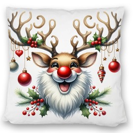Reindeer Cushion Satin Reindeer Cushion Satin with Red Nose and Christmas Decoration - Festive Decoration, Christmas Cushion Satin Red Nose
