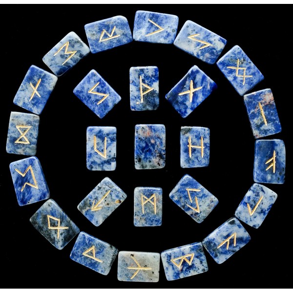 ZAICUS Sodalite Round Brick Shape Rune Stones Set with Elder Futhark Alphabet Engraved Symbol Pagan Stone Runic Symbol for Crystal Healing Chakra Balancing Spiritual Gift & Home Decor 20-25 mm