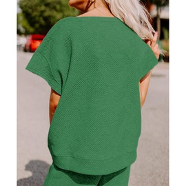 SeeLuNa Women's 2 Piece Outfits Textured Sweatsuit 3/4 Batwing Sleeve Crew Neck Pullover Top Wide Leg Pant Tracksuit Set(Green,L)
