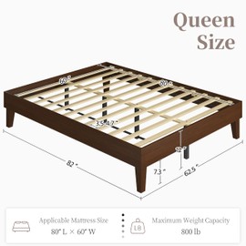 Yaheetech Queen Bed Frame Natural Solid Wood Platform Bed with Wooden Slats Support, 12-inch Clearance Space for Storage, Noise-Free Design, Easy Assembly, Dark Walnut Finish