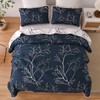 DJY 3 Piece Navy Floral Quilt Set Full/Queen Size Botanical