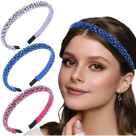 3PCS Sparkly Crystal Headbands Beaded Hairbands Rhinestone Hair Hoops Party Birthday Photograph Decorative Hair Accessories for Women (Silver+Purple+Blue, One size)