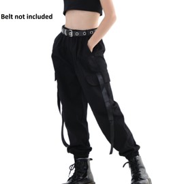 Rolanko Kids Cargo Pants Trousers Jogger with Pockets for Girls Street Hip Hop Dance Clothes (Black, 8-10)