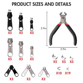 Eokeey Replacement Zip Set, 85 Pieces Zip Repair Kit, 3 mm, 5 mm, 8 mm, Metal Zip with Installation Pliers for Jacket, Tent, Luggage, Sleeping Bag, Suitcase