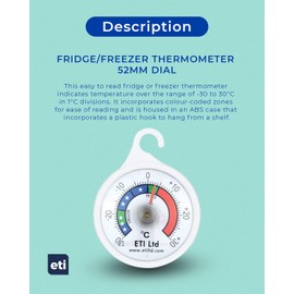 Fridge Or Freezer Thermometer 52 mm Dial, Colour Coded Zones. Ideal For Home, Restaurants, Bars, Cafes