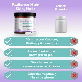 Radiance Suplemento para Uas, Cabello y Piel - 2 meses - con Colgeno, Biotina, cido Hialurnico, Colostro, Omega 3, Vitamina E y Astaxantina -...      