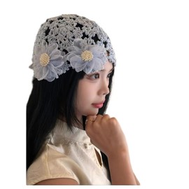 Handmade Crochet Beanie Hat with Chiffon Flower Accent Summer Hats for Women Lightweight Knitted (US, Alpha, One Size, Blue)