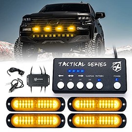 Xprite Amber LED Surface Mount Strobe Lights Kit, Grill Grille Side Marker Light Flashing Emergency Warning Light Assemblies w/ Control Box for Trucks Vehicles ATV RV Cars Van - 4PCS