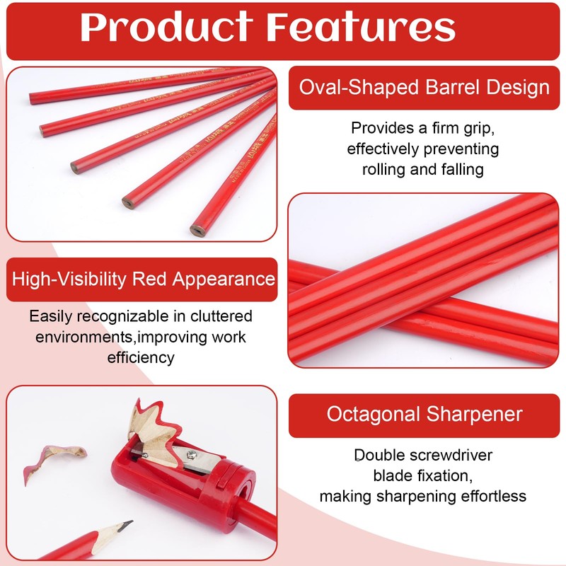 Pack of 20 Carpenter's Pencils, 175 mm Red Pencil, Construction