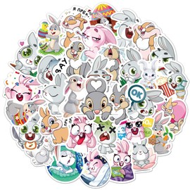 AUCEKO 50PCS Multicolor Cartoon Rabbit Stickers, Vinyl, Glossy, Waterproof, Reusable, Perfect for Kids, Outdoor Use, Stickers