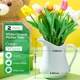 Domensi 2 Pcs 34oz White Ceramic Pitcher Vase Farmhouse Water Pitcher Jug Vase Rustic Ceramic Pitchers with Handle Vintage White Flower Pots for Living Room Home Decor Bouquet Floral Arrangement Gifts