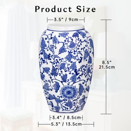 Blue and White Vase 8.5 Inch Traditional Chinoiserie Floral Vase Porcelain Ginger Jar Octagonal Vase Blue and White Porcelain Decor for Home, Living Room, Kitchen, Mantel, Shelf, Table