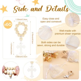 OurWarm 60 PCS Rosary Favors Band Wooden Bulk Catholic Rosary Beads, White Mesh Bag, White Wooden Cross Pendant and Thank You Card for Baptism Decorations Baby Shower First Communion Gifts Men Women