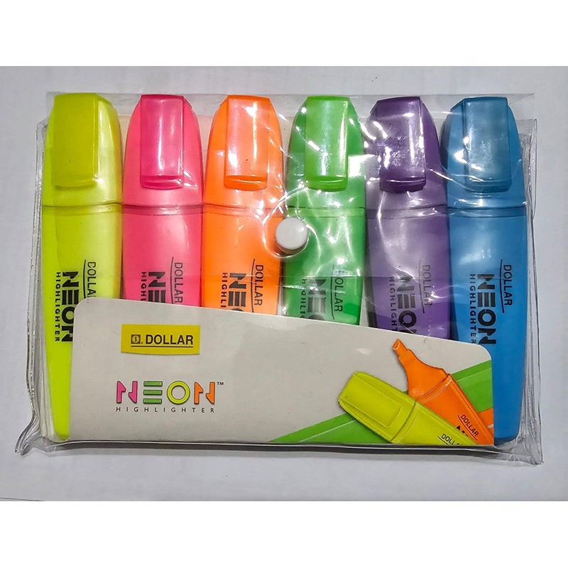 DOLLAR HL625 Neon Fluorescent Highlighter Pens, MULTICOLOUR, Pack of 6,