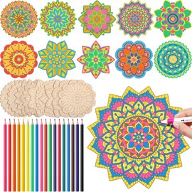 Vercraft 28 Pcs Wooden Mandala Painting Set 10 Mandala Unfinished Wood Cutouts with 18 Colored Pencil for Mandala Making Kit Mandala Crafts for Painting DIY Crafts Home Decors (Floral Style)