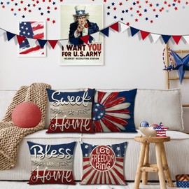 FUYUCHEN Independence Day Pillow Covers 18x18 Inch Let Freedom Ring America Stars Stripes Daisy USA Flag Patriotic 4th of July Memorial Day Throw Pillow Cases for Sofa Couch Decorations Set of 4