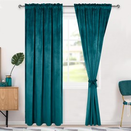 Hiasan Teal Velvet Curtains 84 inch Blackout Rod Pocket Thermal Insulated Soft Curtains Room Darkening Window Drapes with Tiebacks for Bedroom Living Room, Set of 2 Panels, 42W x 84L