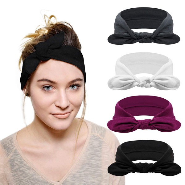 DRESHOW 4 Pack Turban Headbands for Women Hair Vintage Flower Printed Cross Elastic Head Wrap