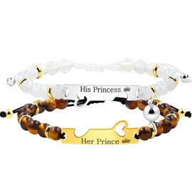 JunyiDIY 2 PCS Men Women's Bracelet Sets Relationship Distance Link Adjustable Bracelet, Couple Friendship Jewelry Heart Puzzle Engraved His Princess Her Prince