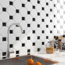 FunStick 15 Pcs White Peel and Stick Backsplash for Kitchen Bathroom 12"x12" Removable Black Square Hexagon Stick on Backsplash Tiles for Kitchen Backsplash Tiles Peel and Stick Wall Tiles for Shower