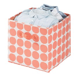 InterDesign Dot Fabric Storage Cube Bin, Medium Basket Container with Dual Side Handles for Closet, Bedroom, Toys, Nursery - Coral