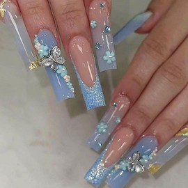 Press on Nails Long Square Fake Nails with 3D Butterfly Flower Designs Blue French Tip Nails Press ons Glitter Rhinestones Glue on Nails Nude Acrylic Nails Summer Stick on Nails for Women 24Pcs