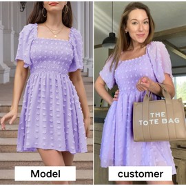 EXLURA Women's Summer Flowy Mini Sundress Square Neck High Waist Swiss Dot Smocked Ruffle Short Flutter Sleeve Dress Purple