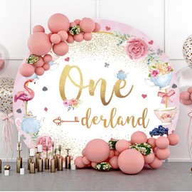 Laeacco 7x7ft Girls 1st Birthday Photography Backdrop Polyester Onederland Round Backdrop Cover Mad Tea Party Flamingo Gold Glitter Dots Pink Flower Sweet Girls First Birthday Party Decor Photo Studio