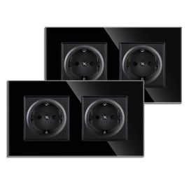 JIMEIDA Double Socket Flush-Mounted 16 Amp with Black, Tempered Glass Pane, Standard Socket, Protective Contact Wall Socket, 157 x 86 mm, 250 V, Pack of 2