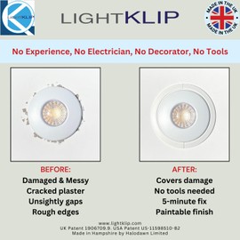 Lightklip - 1 Light Pack - Easy Fix for Damaged Plaster Around Recessed Lights - No Tools, No Electrician Needed.