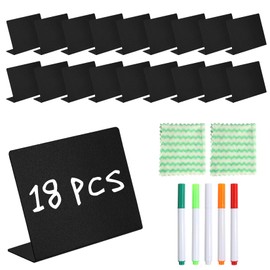 18 Small Chalkboards for Labelling, Mini Price Tags Stand, L Table Signs, Buffet Signs for Labelling, Catering, Wipe Clean for Message Signs Wedding Party + 5 Pens, 2 Wipes