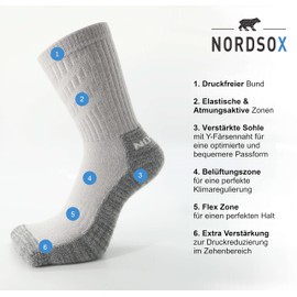 NORDSOX 1 Pair | 2 Pairs, High Performance Merino Hiking Socks, Padded for Outdoor Sports, No Bubbles, Breathable for Men and Women, Grey, Ökotex Functional Socks, Trekking, Grey 1 Pair