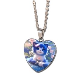 Heart-Shaped Cat Pendant Necklace with Floral Design, 19 inch Chain - Stainless Steel with Glass Pendant - Christmas, Holiday, or Birthday Gift, Adjustable, Sterling Silver, Cubic Zirconia