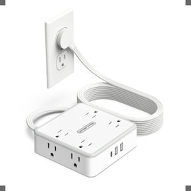 Flat Extension Cord 10 FT, Surge Protector Power Strip with 8 Outlets 3 USB Ports, Flat Plug Surge Protector, Wall Mount Outlet Extender, Indoor Extension Cord with Multiple Outlets, White