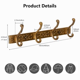 VAN CADENE Coat Rack Wall Mount Hooks for Hanging，Vintage Aluminum Thickened Solid Wall Hooks Coat Rack Clothes Rack Hat Rack for Behind The Door Bathroom Living Room Bedroom(1Pc)