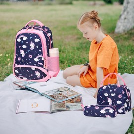 Girls Unicorn Backpack for School, 3 in 1 School Backpack with Lunch Bag Pencil Case for Girls, Large Capacity Girls Schoolbag with Reflective Straps for Kindergarten Elementary