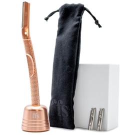 Dermaplaning Kit for Facial Hair Removal, Exfoliation, Eyebrow Shaper - FFS Beauty Metal Dermaplaning Tool w/ 2x Dermaplaning Blades for Face, Derma Blade Cover, Stand, Travel Pouch & Guide, Rose Gold