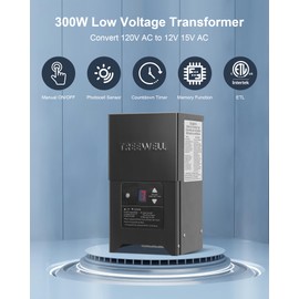 TREEWELL 300W Low Voltage Landscape Transformer, Outdoor Landscape Lighting Transformer with Photocell Sensor & Timer, 120V AC to 12V/15V AC, Stainless Steel Waterproof Transformer, Black, ETL Listed